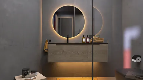 Modern bathroom design featuring a sleek vanities with round LED mirrors, showcasing a minimalist style, enhanced by Homestyler's real-time 3D rendering functionality for design proposals.