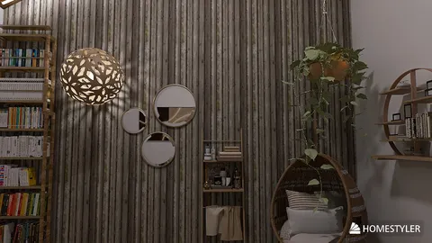Wooden wall with decorative mirrors and pendant light, creating a cozy atmosphere in a reading nook, showcasing interior decor style; utilizing Homestyler's real-time 3D rendering feature.