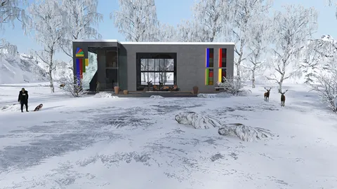 modern house exterior design showcasing a minimalist architectural style in a snowy landscape with deer, featuring Homestyler's real-time 3D rendering for fast design preview.