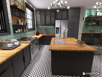 modern kitchen with wooden countertops and black cabinets enhancing the space with a contemporary design, featuring Homestyler's real-time 3D rendering for accurate design previews.