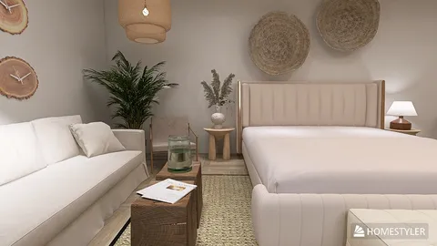 modern bedroom with a cozy seating area featuring a sofa and natural wood accents, designed in a minimalist style, showcasing Homestyler's real-time 3D rendering capability.