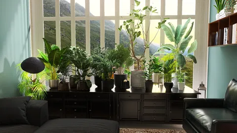lush indoor plants decor with stylish furniture enhancing natural light in a cozy living room featuring homestyler's real-time 3D rendering for improved design visualization.