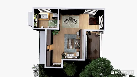 top view of a modern living space showcasing an open layout with furniture arrangement, enhancing small space optimization using Homestyler's real-time 3D rendering feature for quick design visualization.