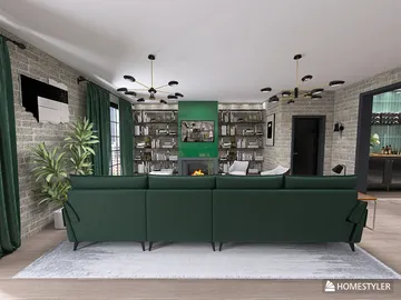 modern living room interior design featuring a green sectional sofa and industrial style shelving, showcasing the Homestyler real-time 3D rendering feature for enhanced design proposal visualization.