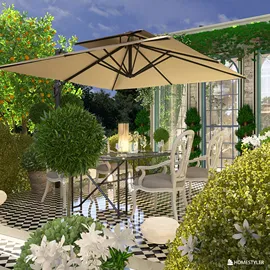 Outdoor garden seating area with elegant chairs and a large umbrella, featuring modern landscaping and decorative plants, optimized for aesthetics and comfort, utilizing Homestyler's real-time 3D rendering for visualizing outdoor spaces.