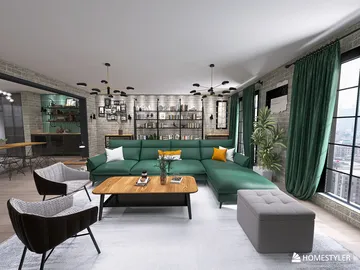 modern living room with furniture arrangement using Homestyler's 3D rendering feature, featuring a stylish green sectional sofa, decorative accessories, and a cozier atmosphere for socializing.
