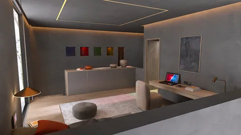 modern living room design featuring a sleek desk setup and cozy seating, implemented with Homestyler's real-time 3D rendering for a realistic preview of interior decor elements.