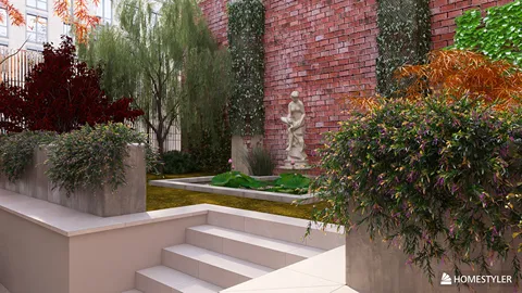 landscaped garden with a statue enhancing outdoor elegance featuring modern design aesthetics, showcasing Homestyler's real-time 3D rendering for enhancing outdoor spaces.