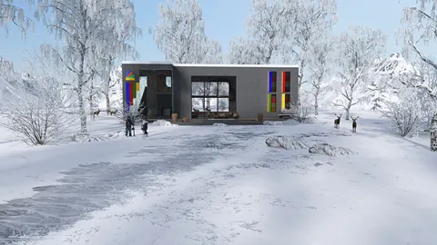 Modern architectural house design surrounded by snowy landscape showcasing exterior aesthetics and vibrant window colors, highlighting innovative outdoor space utilization with Homestyler's real-time 3D rendering feature.