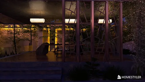 outdoor patio area with bamboo decor and wooden furniture illuminated at night, featuring a serene natural ambiance, showcasing Homestyler's real-time 3D rendering for interior design.