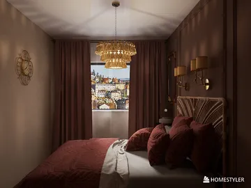 cozy bedroom with elegant bedding and luxurious chandelier adding a touch of glamour, designed using Homestyler's 3D rendering feature for a stunning interior visualization