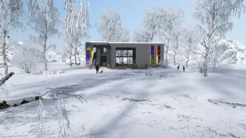 modern house exterior surrounded by snow and trees, showcasing winter design aesthetics with colorful windows, perfect for creating a winter retreat ambiance using Homestyler's real-time 3D rendering feature.