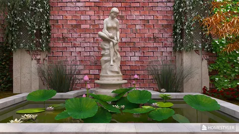 Outdoor garden with a stone sculpture and a pond filled with lily pads, designed in a classical style, showcasing Homestyler's real-time 3D rendering feature.