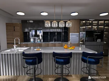 modern kitchen interior design featuring a spacious island with bar stools, showcasing a sleek style and emphasizing functionality, utilizing Homestyler's real-time 3D rendering feature.