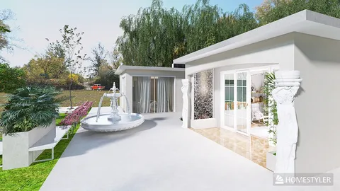 modern exterior design featuring a fountain and garden area in a contemporary style showcasing outdoor living space value using Homestyler's real-time 3D rendering feature.