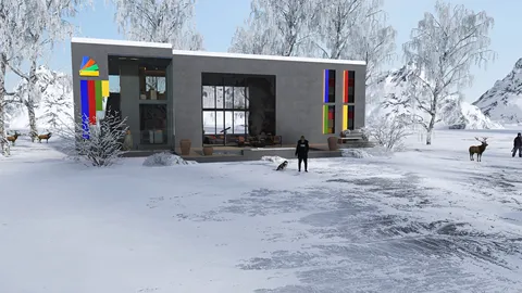 modern house design in snowy landscape featuring colorful accents and large windows, showcasing winter outdoor living space with deer and people, using Homestyler's real-time 3D rendering for immersive visualization.