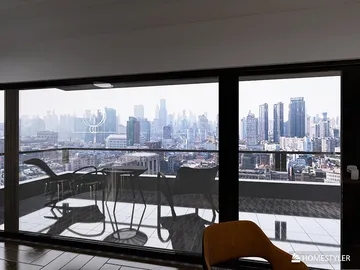 modern balcony with furniture overlooking city skyline showcasing urban design aesthetics and outdoor lounge experience using Homestyler's smart furniture arrangement feature