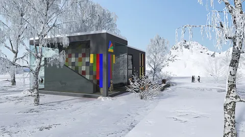 modern house design featuring colorful exterior in snowy landscape showcasing 3D rendering capabilities of Homestyler for optimized winter scenery visualization