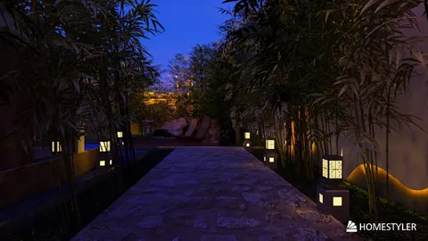bamboo pathway illuminating with lanterns creating a serene outdoor ambiance stylishly designed for a garden space using Homestyler's real-time 3D rendering feature.