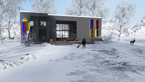 A modern house surrounded by a snowy landscape, showcasing eco-friendly architecture+designed for a winter retreat+minimalist style+optimized for seasonal living with Homestyler's real-time 3D rendering feature.