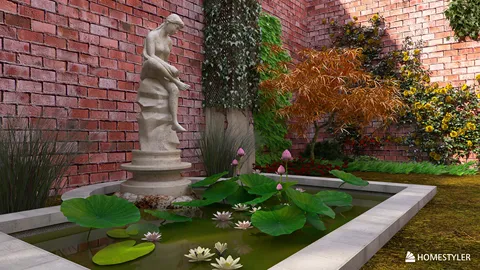 garden statue surrounded by water lilies and plants in a serene outdoor setting, showcasing 3D landscape design with Homestyler's real-time rendering feature