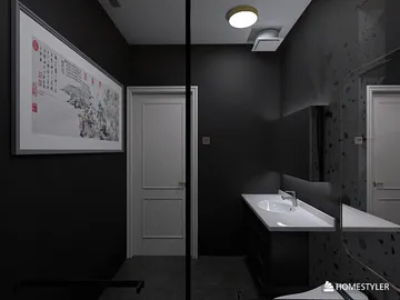modern bathroom design featuring dark walls and elegant fixtures with a sleek vanity, showcasing Homestyler's real-time 3D rendering for immersive interior decoration.