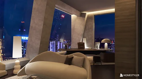 modern living room design featuring a sleek curved sofa and a stylish desk with a city skyline view, showcasing interior decor with real-time 3D rendering capabilities of Homestyler.