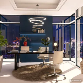 modern office space design featuring a sleek desk arrangement and stylish lighting, created using Homestyler's real-time 3D rendering for interior design visualization.