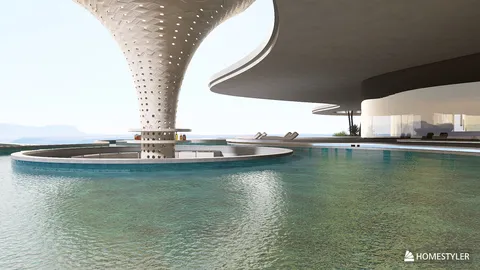 modern architecture featuring a unique column design with a pool and lounge area, showcasing contemporary style and luxury elements for exterior spaces, utilizing Homestyler's real-time 3D rendering feature.