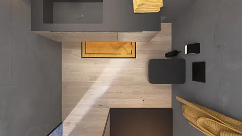 Modern bathroom layout with sleek fixtures and warm accents, showcasing interior design optimization using Homestyler's real-time 3D rendering feature.