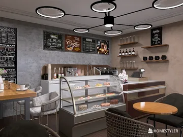 coffee shop interior with modern furniture arrangement showcasing a contemporary design style utilizing Homestyler's real-time 3D rendering feature