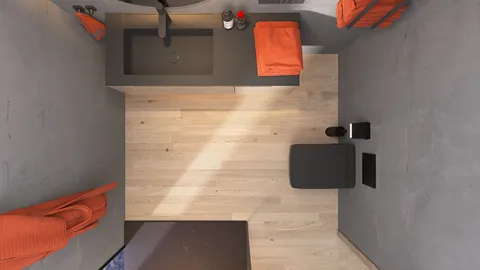 top view of a modern bathroom featuring a sleek sink and toilet with stylish orange accessories, showcasing minimalist interior design principles with Homestyler's real-time 3D rendering functionality.