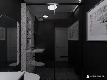 modern bathroom design featuring sleek fixtures and dark color scheme utilizing real-time 3D rendering for enhanced visual representation in Homestyler.