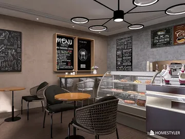 cozy cafe interior featuring a pastry display and seating arrangement with a modern design style, showcasing interior decor optimization using Homestyler's real-time 3D rendering feature.