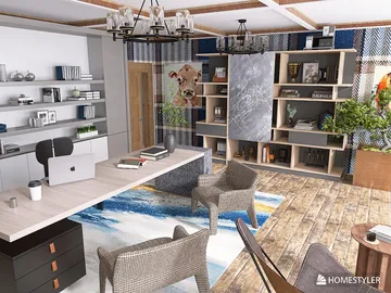 Modern office space featuring stylish furniture arrangement, designed using Homestyler's real-time 3D rendering for a contemporary interior decor aesthetic.