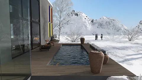 modern outdoor pool design featuring natural stone vases and wooden decking with winter mountain scenery, showcasing Homestyler's real-time 3D rendering for optimal design previews.