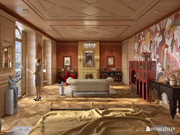 luxurious living room with sophisticated decor featuring a vintage style, showcasing a stunning fireplace and ornate wall art, designed using Homestyler's real-time 3D rendering feature for an immersive interior design experience