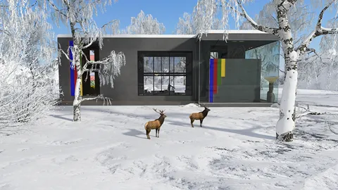 modern house in snowy landscape showcasing contemporary architecture with deer in front, illustrating a cold winter outdoor scene, highlighting Homestyler's real-time 3D rendering feature.