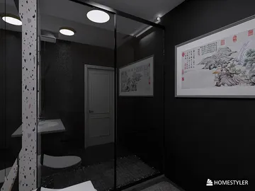 modern bathroom with sleek black walls and glass shower enclosure, featuring artwork on the walls for stylish decor, showcasing interior design concepts using Homestyler's real-time 3D rendering feature.