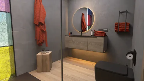 modern bathroom design featuring a sleek vanity and circular mirror with stylish orange towels, showcasing a contemporary aesthetic in small space optimization using Homestyler's real-time 3D rendering.