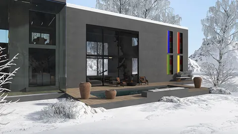 modern house exterior with indoor pool and winter landscape design showcasing contemporary architecture and winter aesthetic, featuring real-time 3D rendering capability