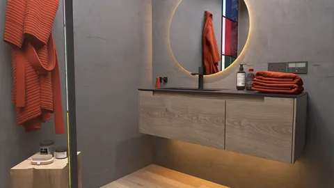 modern bathroom design featuring a stylish vanity with wooden cabinetry, incorporating a round mirror with ambient lighting, showcasing a contemporary aesthetic for a cozy space, utilizing Homestyler's real-time 3D rendering feature.