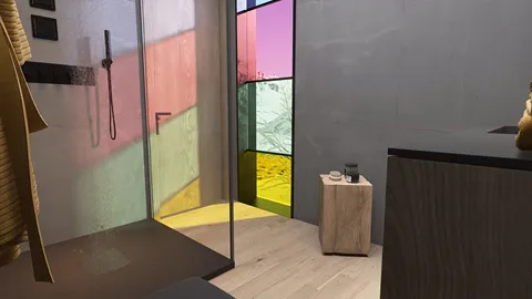 Shower area with colorful glass panels integrating modern design and functionality, showcasing a stylish bathroom interior, featuring Homestyler's real-time 3D rendering for design visualization.