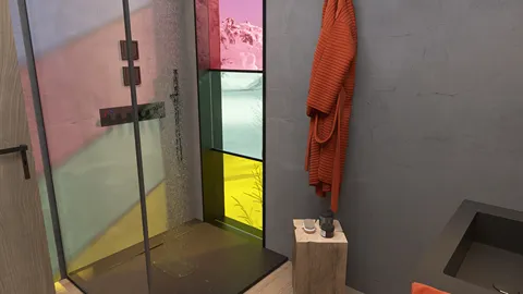 modern shower area featuring colorful glass panels and minimalist decor in a contemporary bathroom design, utilizing Homestyler's real-time 3D rendering for accurate visualization.