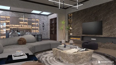 Modern living room featuring a cozy sofa and a stylish coffee table, showcasing a contemporary design with a warm ambiance and functional space; includes Homestyler's real-time 3D rendering feature for fast design visualization.