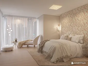 cozy bedroom design featuring a soft color palette and elegant decor, showcasing a calming atmosphere for relaxation and comfort, utilizing Homestyler's real-time 3D rendering feature.