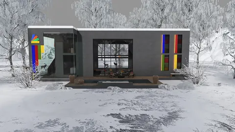 modern architectural design showcasing a colorful facade in a snowy landscape, featuring a unique blend of glass and concrete elements, highlighting outdoor living space, utilizing Homestyler's real-time 3D rendering capability.