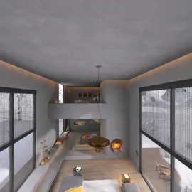 modern living room design showcasing a spacious layout with large windows and warm lighting, enhancing the cozy ambiance in a winter setting, utilizing Homestyler's real-time 3D rendering feature.