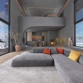 Modern living room featuring a spacious sectional sofa with colorful cushions, designed for a cozy and inviting atmosphere, enhanced by Homestyler's real-time 3D rendering technology.