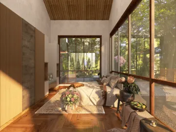 Spacious bedroom featuring a wooden ceiling and large windows, showcasing a contemporary design style that emphasizes natural light and comfort, utilizing Homestyler's real-time 3D rendering for a detailed interior decor preview.